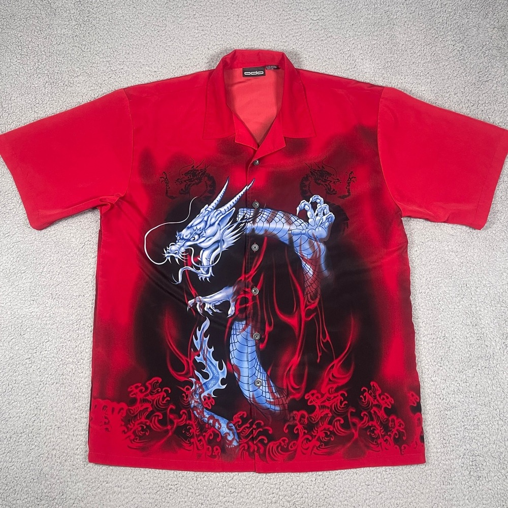 Vintage ODO Shirt‎ Mens XL Red Ghost Dragon Front and Back Button Up 90s Y2K